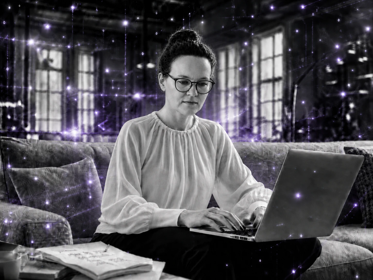 Journalistin arbeitet am Laptop in KI-Welt