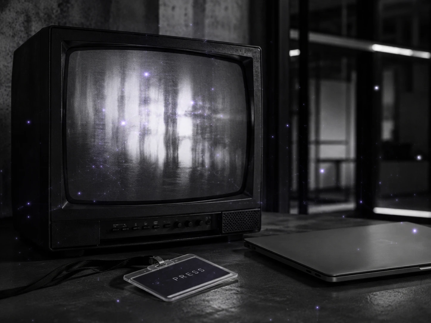 Alter Fernseher mit Presseausweis und Laptop für KI im Journalismus